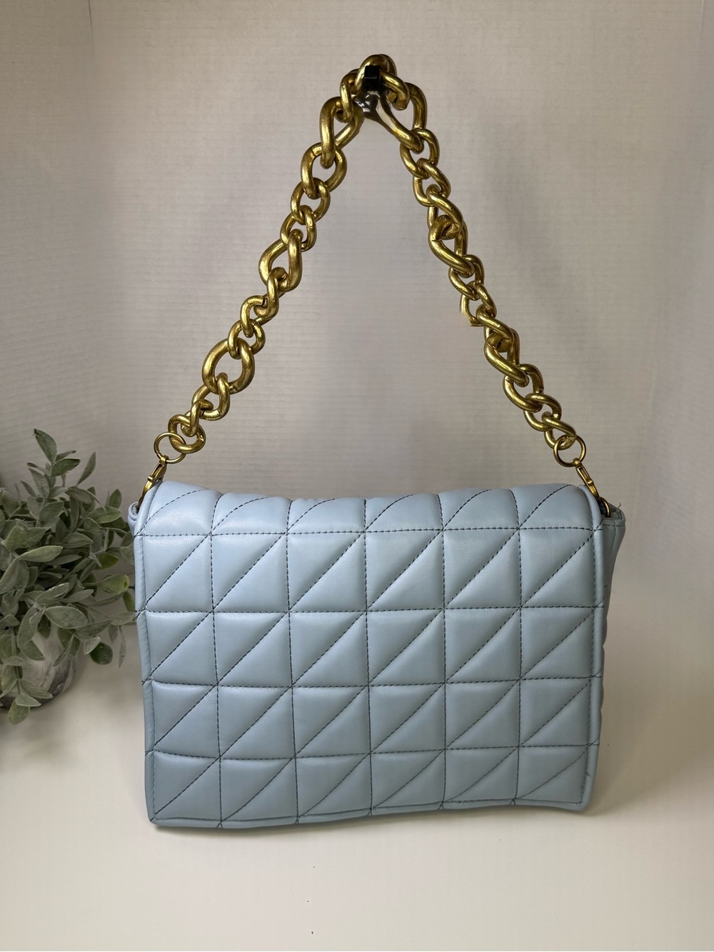 Zara Baby Blue & Gold Quilted Shoulder Bag Gold Chain Accent Strap - Picture 4 of 16